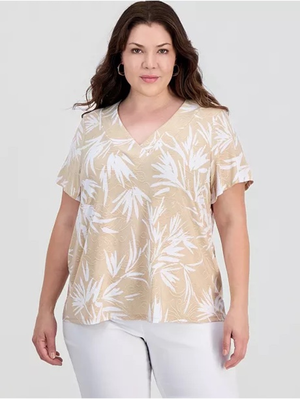 JM Collection Plus Women’s 3X Tan Palm Leaf V-Neck Jacquard Top Short Sleeve